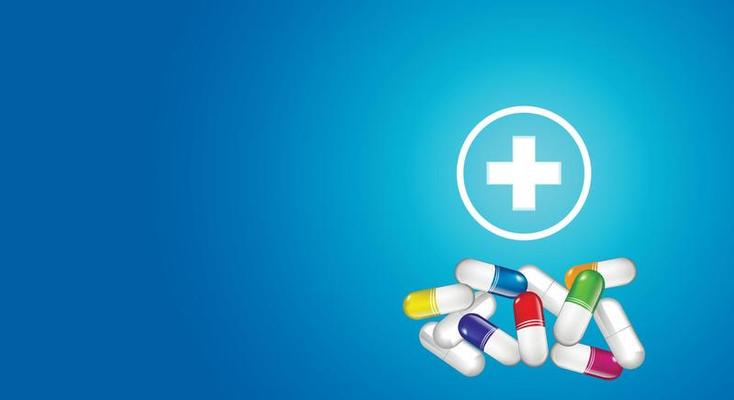 Colorful Pills Capsules Glowing Cross On A Blue Gradient Background Medicine Health Care Symbols Copy Space Illustration Vector